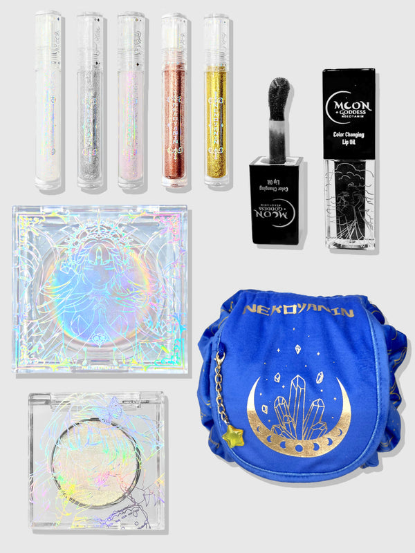 Nekoyanin Starlight Makeup Bundle - includes 5 Eye glitter toppers, Moon goddess black color changing lip oil, Clear Quarts Color changing blush/lipbalm, Metamorphosis rainbow highlighter ,Small galaxy makeup bag